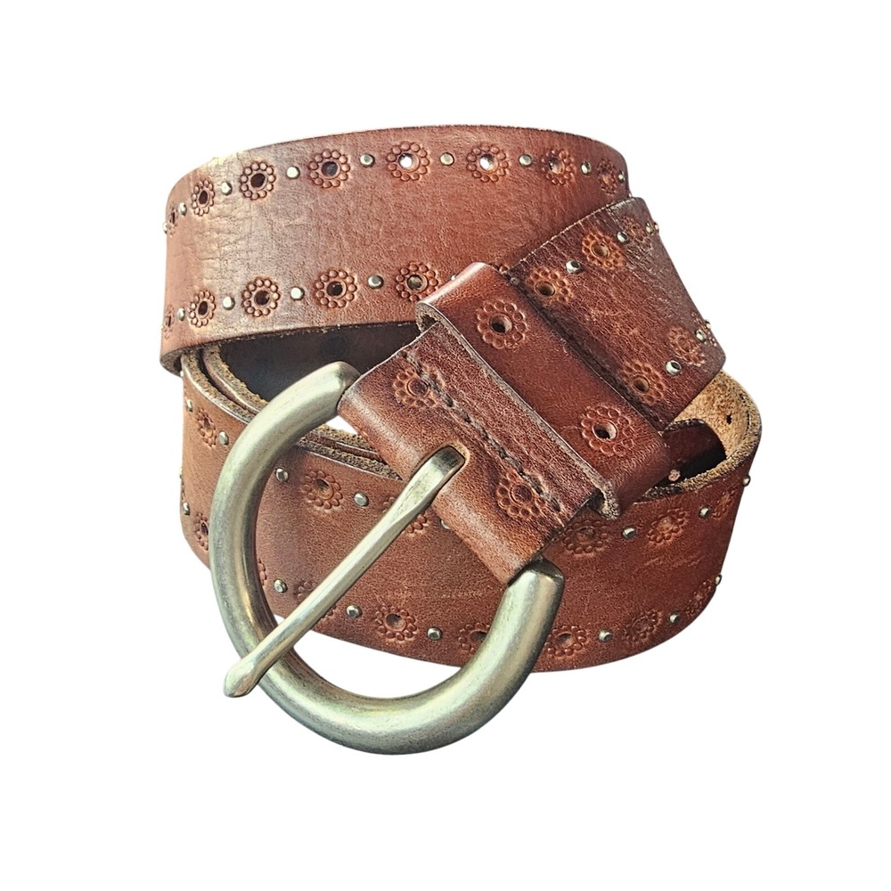 Fossil Y2K Boho Leather Belt L 1.25" Wide Studded Floral Tooled Western Festival